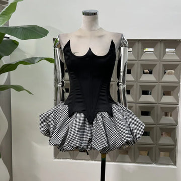 Xajzpa Fashion 2 Piece Set Women's Fish Bone Strapless Top Plaid Fluffy Short Skirts 2025 Summer New Tide